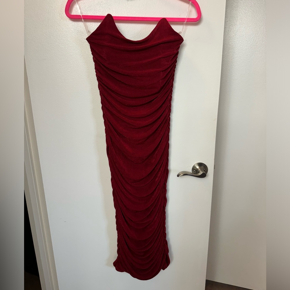 FASHION NOVA All Ruched And Ready Midi Dress in Wine, Size Medium